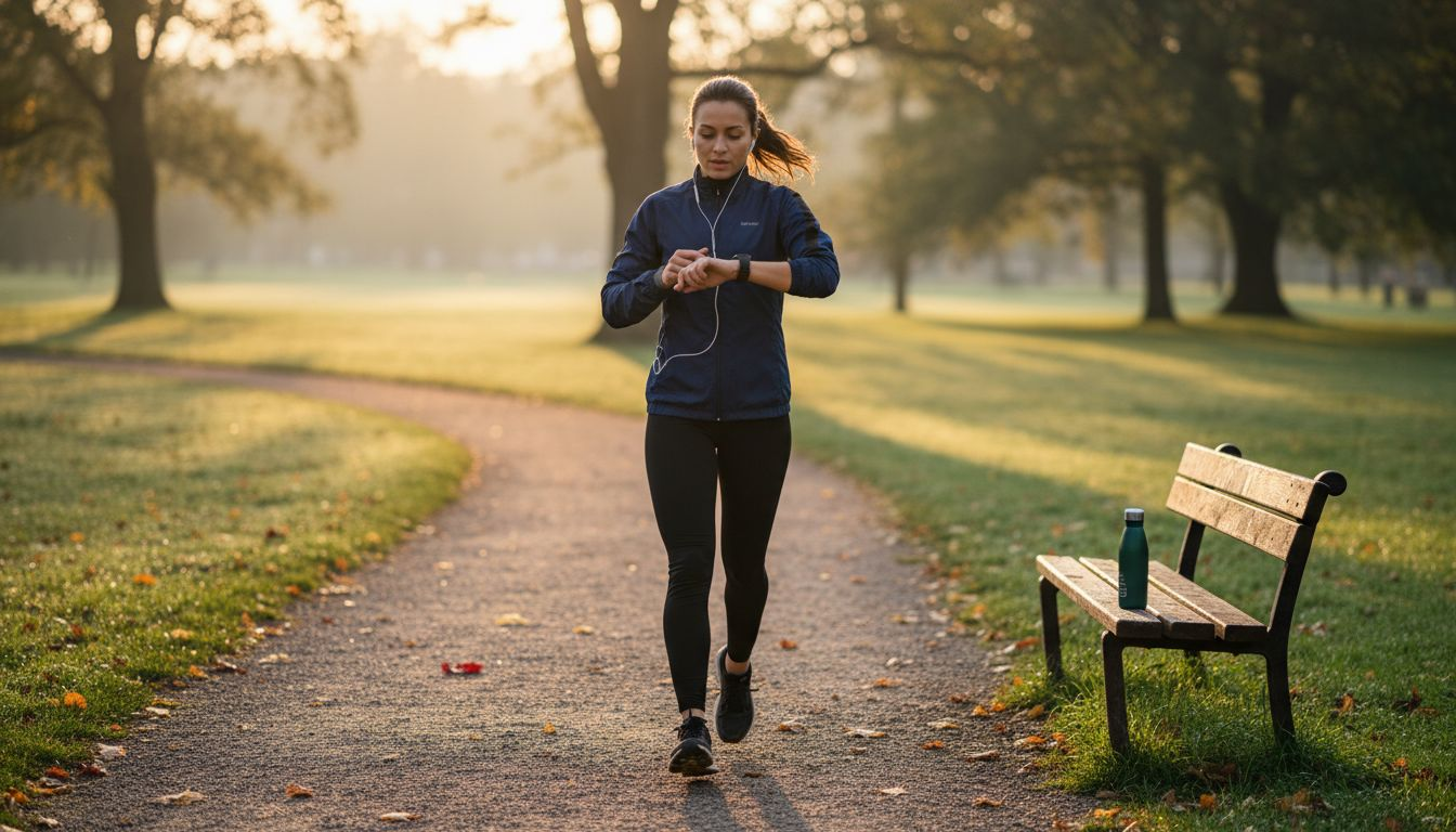 Žena beží ráno po chodníku v mestskom parku a začína deň pohybom na čerstvom vzduchu.